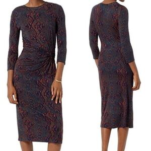 Joie Meika Printed Midi Sheath Dress Peacock Snakeskin Size large  3/4 Sleeve